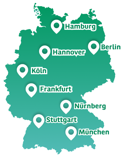 Map of Germany with markers on Hamburg, Berlin, Hanover, Cologne, Frankfurt, Nuremberg, Stuttgart and Munich.