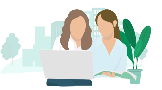 Illustration von zwei Frauen, die am Laptop arbeiten