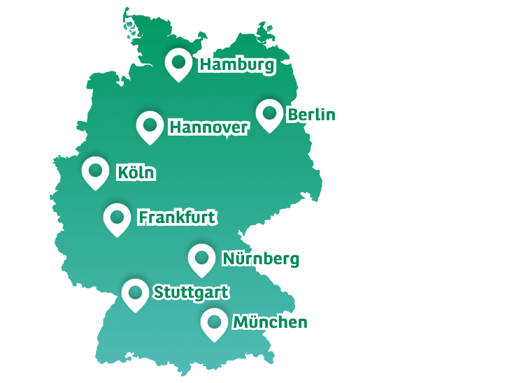 Map of Germany with the training locations of BNP Paribas in Germany