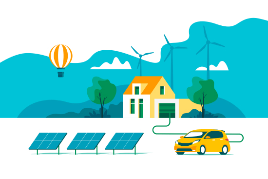E-Auto, Solarzellen, Windräder illustrieren die Energiewende