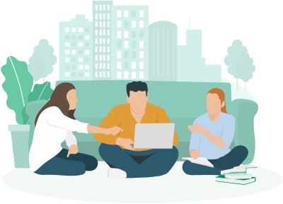 Illustration of three colleagues sitting cross-legged