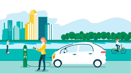 Illustration of a white electric car next to a charging station with a woman holding a smartphone in the foreground of a park with cyclist and person on hoverboard in front of a city skyline.