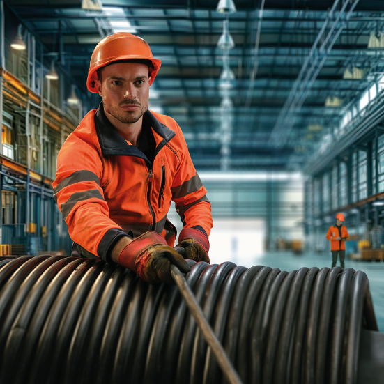 Worker in orange protective clothing standing in a warehouse winding a large cable.