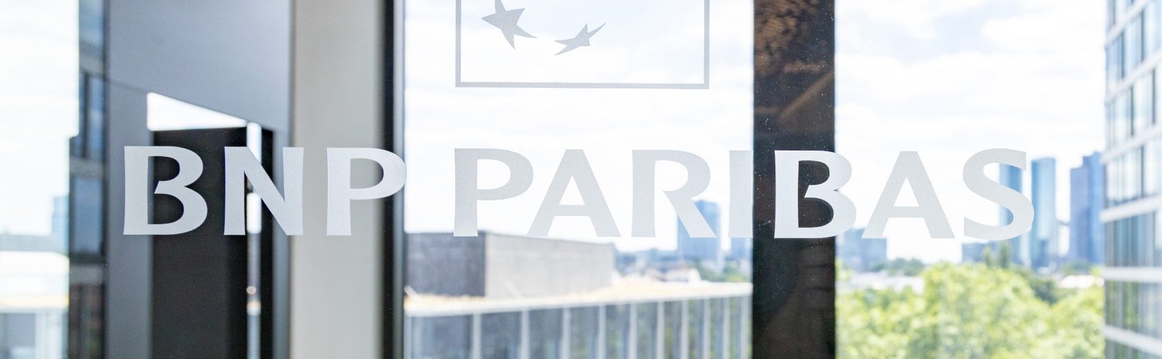 The logo and the lettering BNP Paribas can be seen on a window