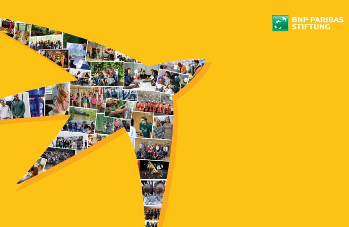 BNP Paribas Stern als Collage aus Fotos mit Menschen auf einem gelben Hintergrund.